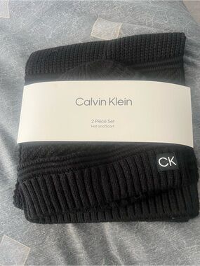 Calvin Klein Black Knit Hat and Scarf Set